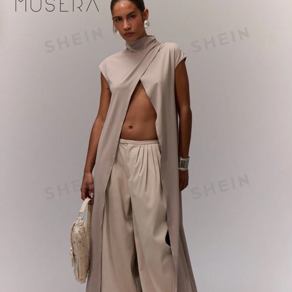 NWT * Musera Tan High Neck Split Front Longline T… - image 1